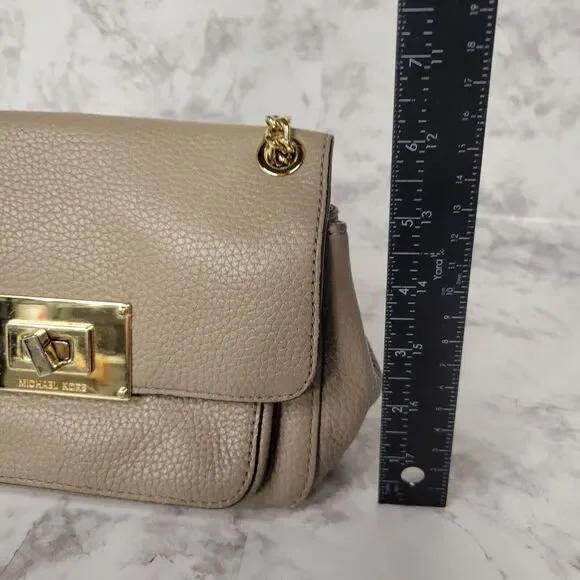 Michael Kors Sloan Small Shoulder Flap Beige Pebble Leather Bag Gold Chain Strap